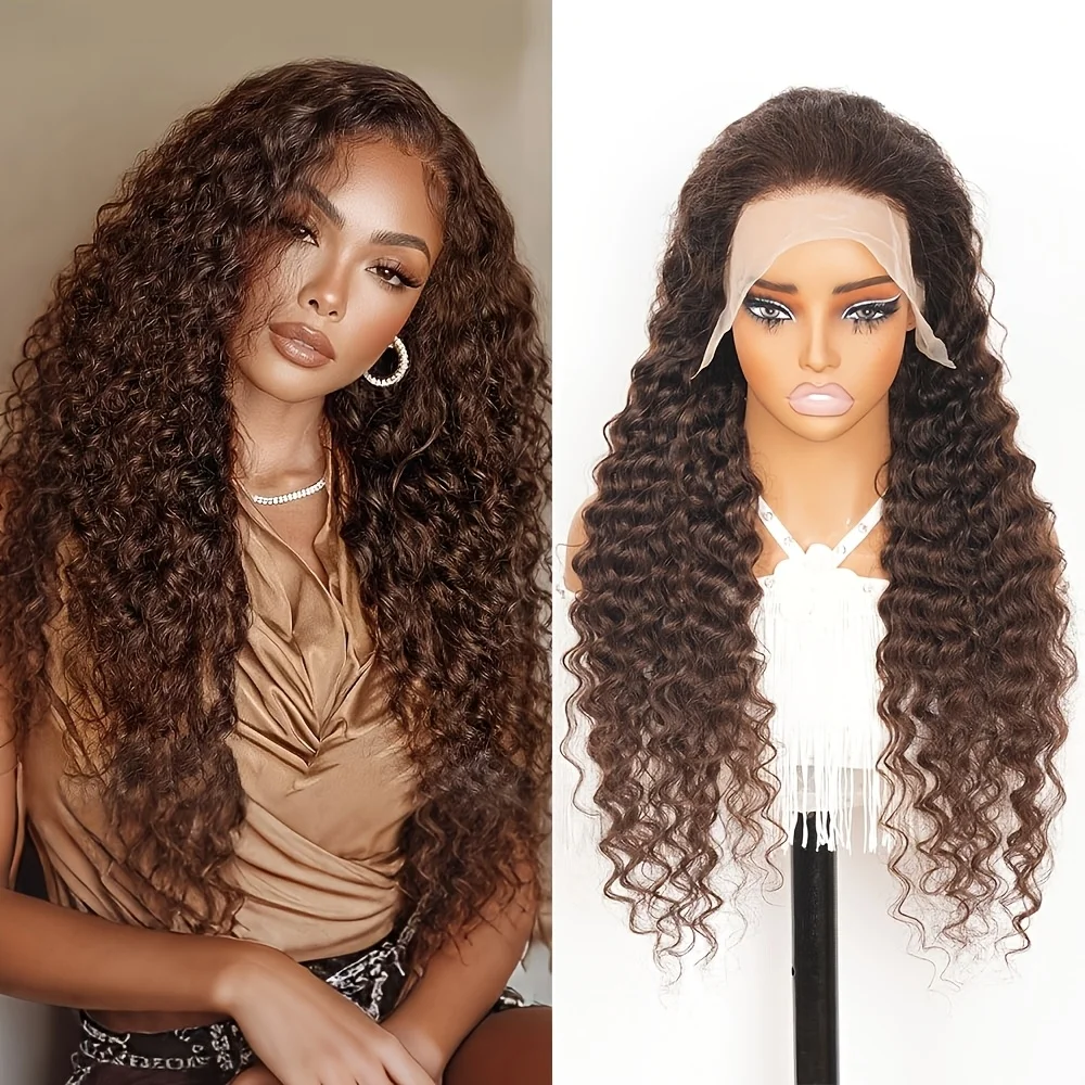 Short Curly Wig in Dark Brown, Made from Human Hair, Featuring a #4 Chocolate Brown Color. This Pre-Plucked Wig Includes Baby Hair. It Also Comes in a Deep Wave Style with a 13X4 HD Lace Frontal, Perfect for Women