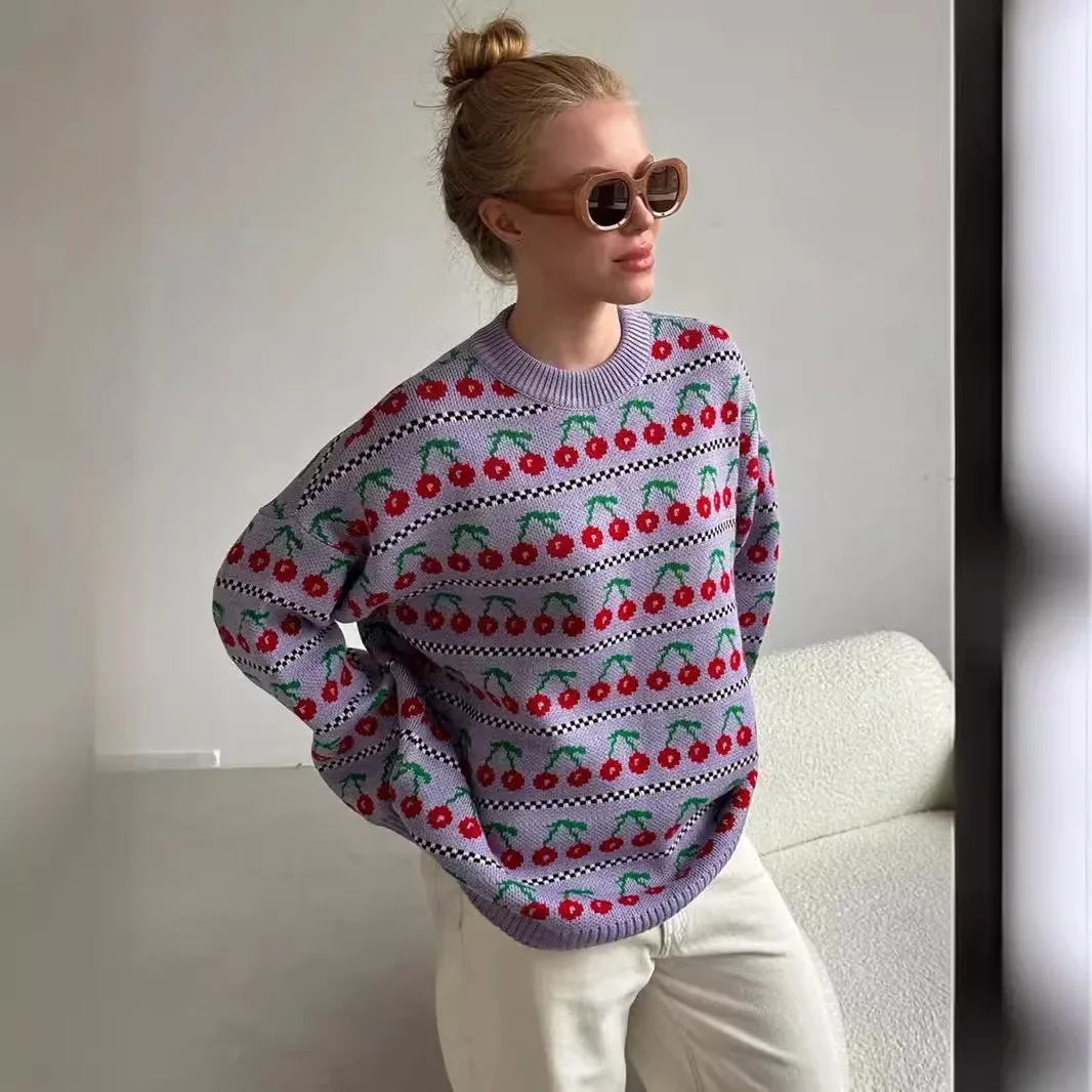 Round Neck Cherry Sweater European and American 2024 Autumn New Mid-Length Retro Knitted Round Neck Sweater