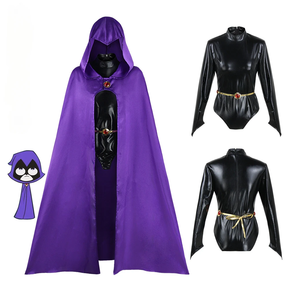 

Raven Cosplay Costume Anime Teen Titans Super Hero Jumpsuit Cloak Women Black Bodysuit Purple Hooded Cape Jumpsuits Halloween