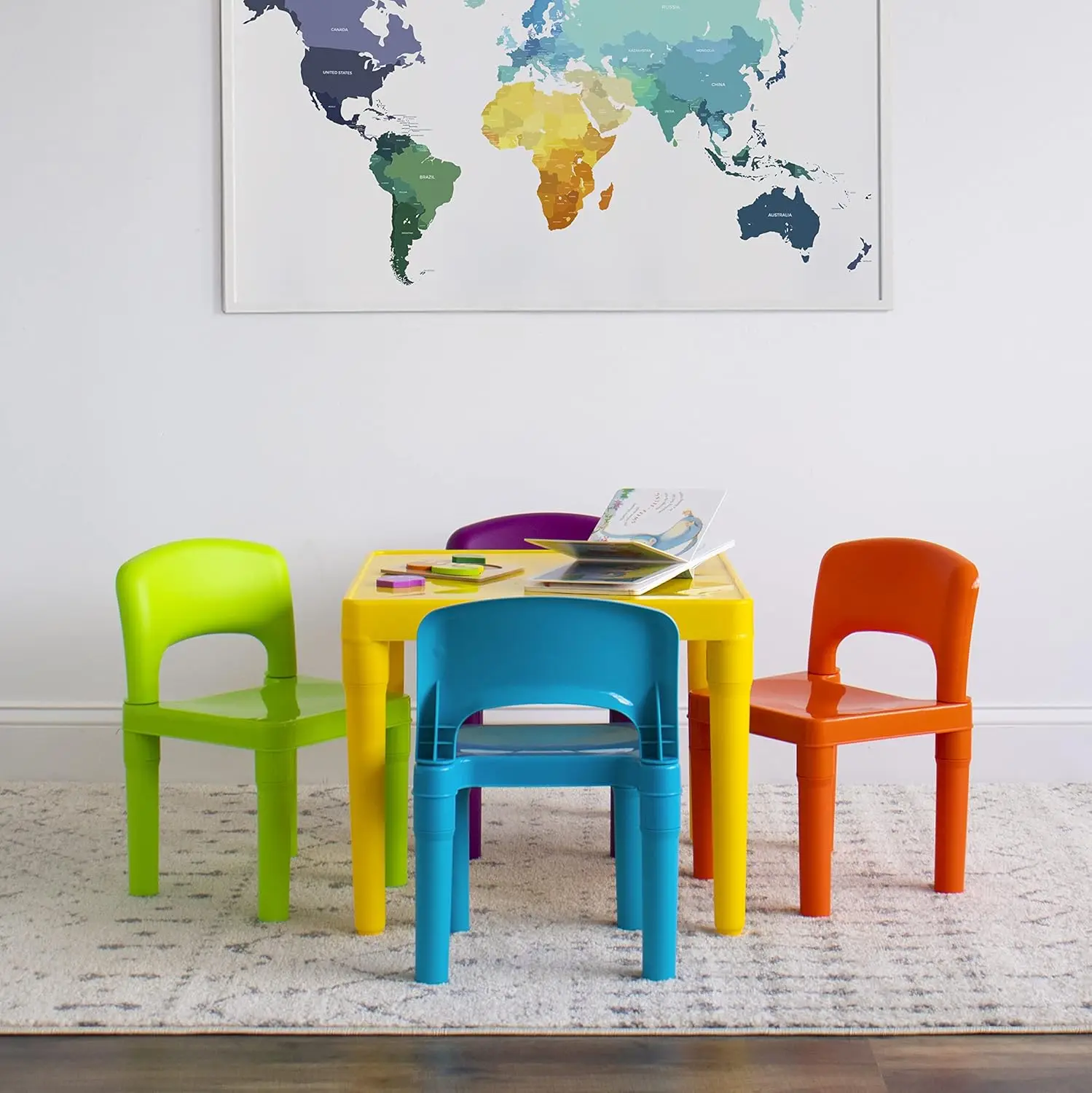 Crew Kids Plastic 1 square table and 4 chairs, Yellow Table/Vibrant Chairs