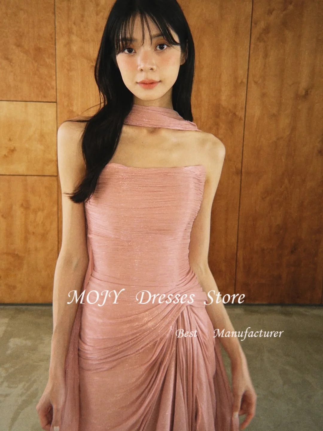 Mojy เกาหลีชุดราตรีสีชมพูชุดราตรีชีฟองด้านข้างที่กําหนดเองชุดพรหมอย่างเป็นทางการ โอกาสชุดราตรี