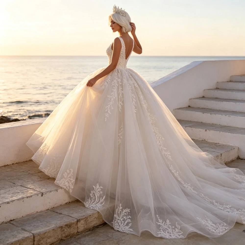 Customized Sexy Deep V-neck Lace Decal Wedding Dress with Large Tail 2026 New Luxury Sleeveless Chiffon and Floor Skirt Suitable
