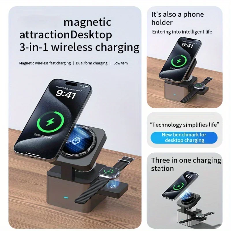 Refrigeración de hielo para estación de carga inalámbrica Magsafe, soporte para iPone 16 ~ 12 Pro Max/iWatch 10 ~ 2 SE/AirPods 4 Pro 3 en 1, carga rápida