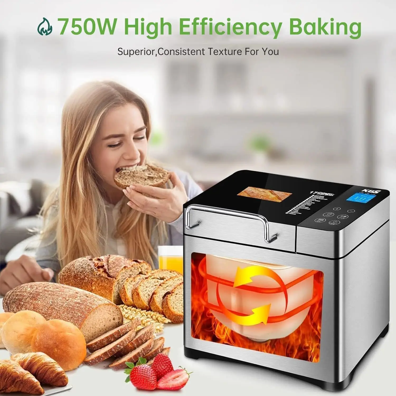 Steel Bread Machine, 2LB 17-in-1 Programmable XL Bread Maker with Fruit Nut Dispenser, Nonstick Ceramic Pan& Digital Touch Panel