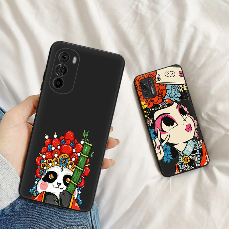 Soft Cases for Motorola Moto G52 G60 G73 G72 G53 G32 G22 G71 G51 G50 G31 Peking Opera Panda Girl Love Black Phone Case G9 Cover