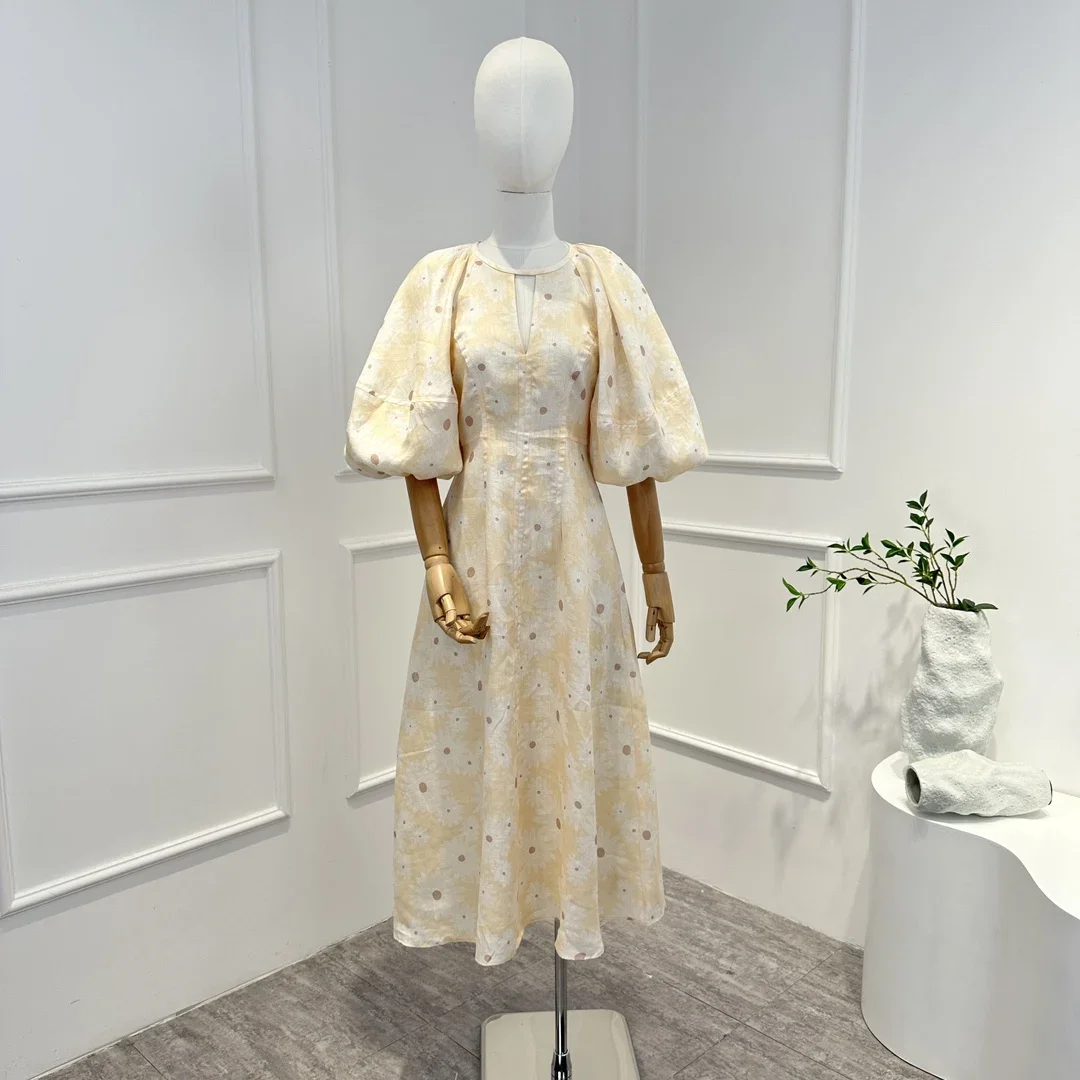 

Lantern Sleeve Light Yellow Midi Dress Women High Quality 2023 New Arrival Spring Summer Linen Front Key Hole Daily Oufit