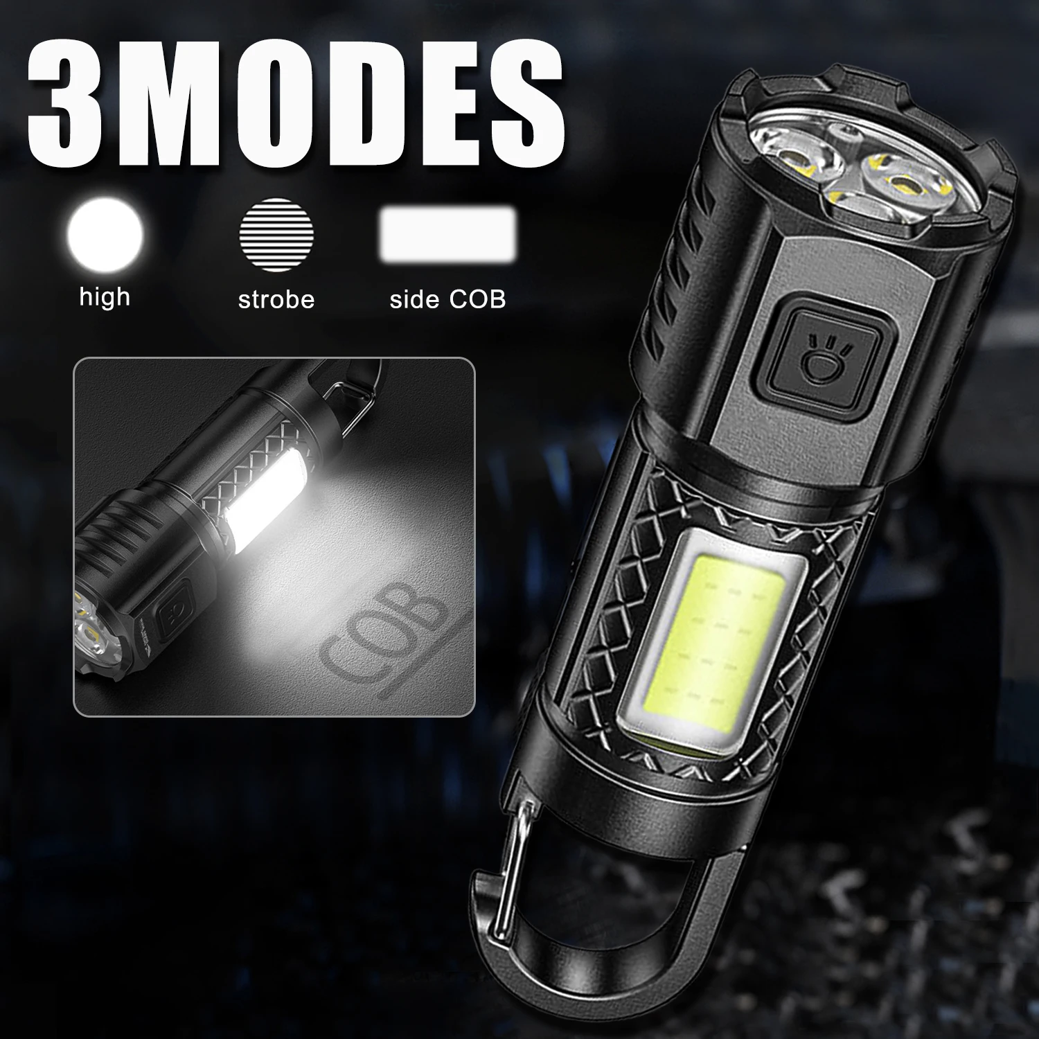Mini LED Flashlight Strong Light Highlight Hand Torch COB Side Lights Hook Type Portable Handlamp Outdoor Camping Hand Light