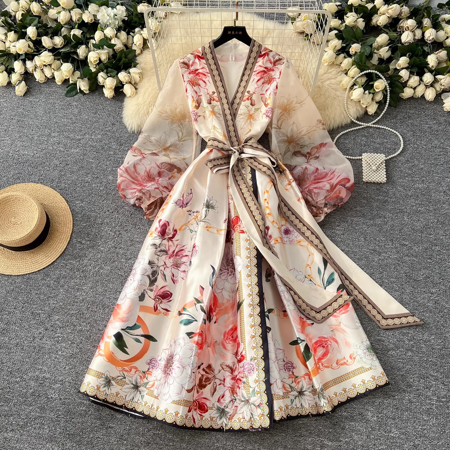 

2025 Summer Holiday Gorgeous Gradient Flower Wrap Long Dresses Women's Cross V-Neck Sleeve Bandage Lace Up Robe Party Vestidos