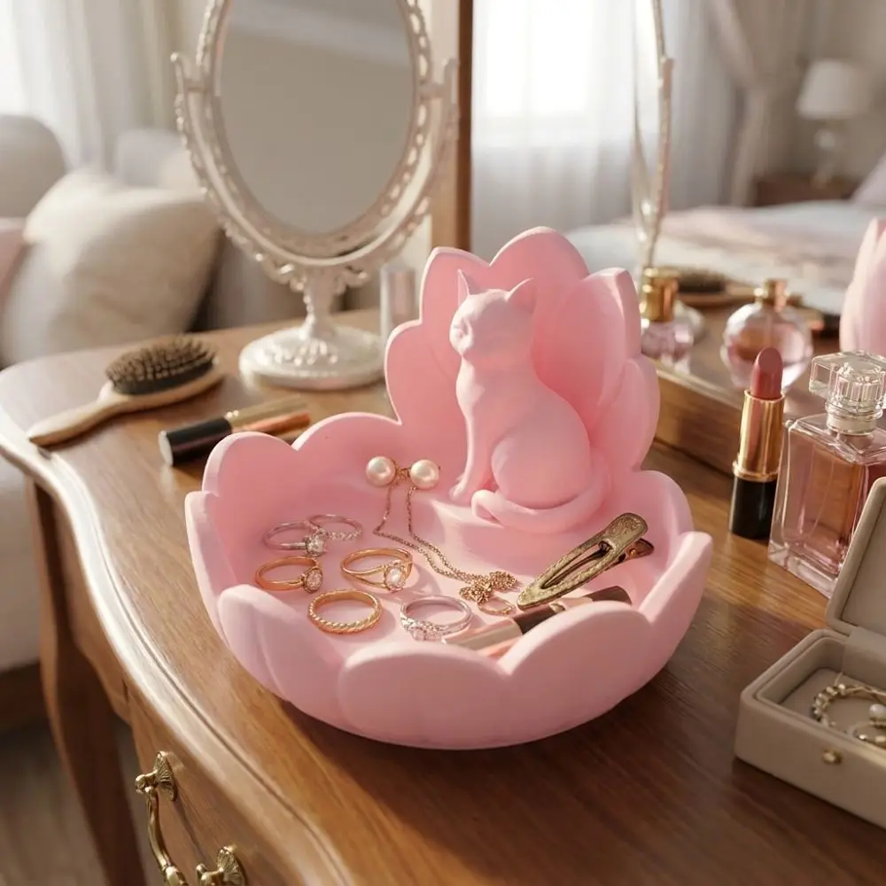 Cute Lotus Cat Jewelry Storage Tray Lotus-Shaped 3D Printed Key Storage Bowl Stable Base Plastic Cosmetic Storage Dish Bathroom
