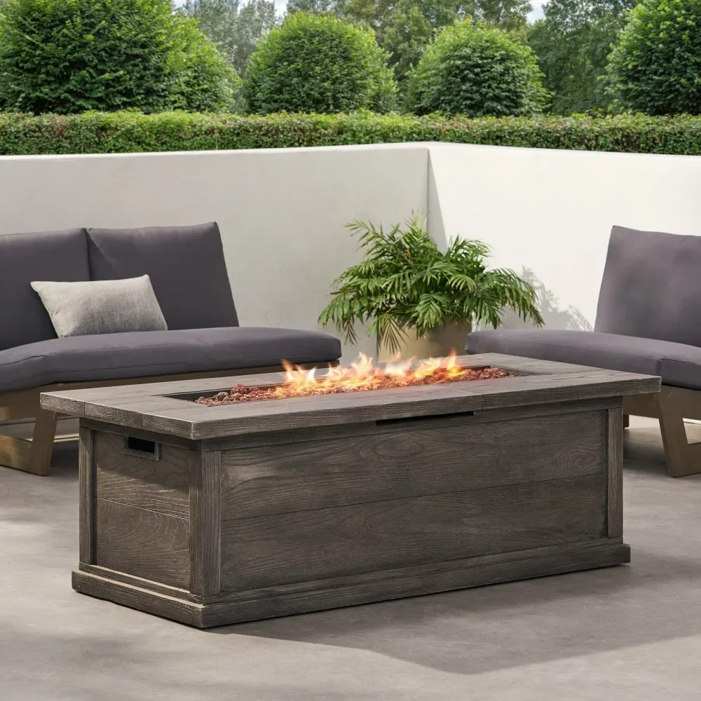 Outdoor Propane Gas Fireplace - 50000 BTU, Gray Rectangular Wood MGO, No Assembly Required, Wooden Fireplace