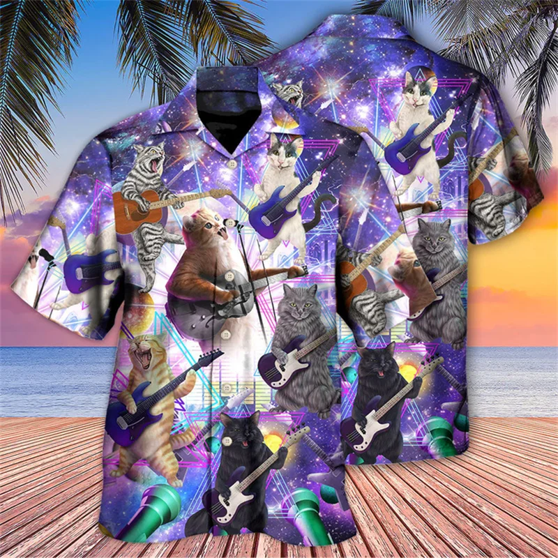 Guitar Bass Pattern Hawaiian Shirt For Men Instrument 3D Print Blouse Summer Casual Lapel Tops Loose Aloha Shirts Short Sleeves