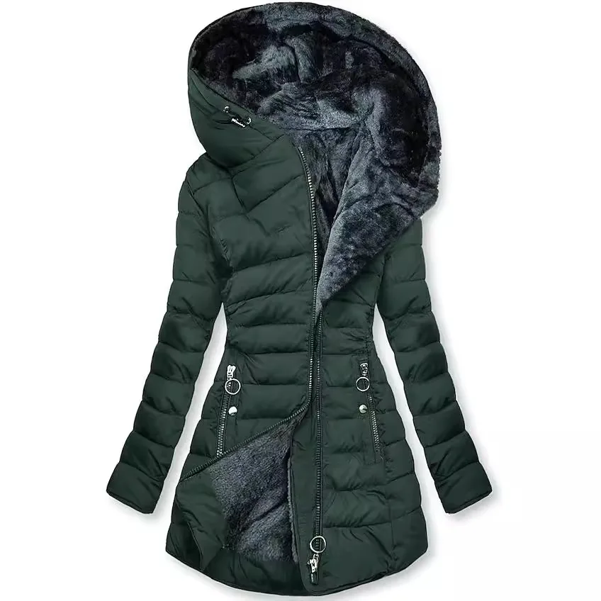 Winter Warm Fur Collar Cotton Clothes Women\'s Zipper Long Sleeve Slim Cotton Coat Hooded Coat Solid Zipper Fashion Temperament