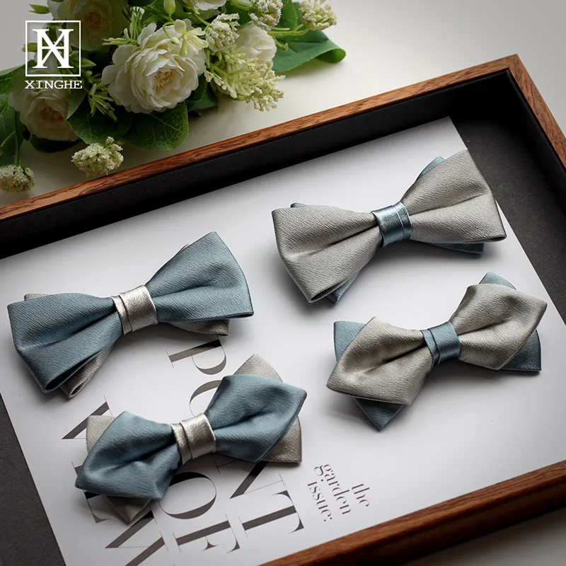 

Wedding groom bow tie male best man Korean version British haze blue silver solid color formal dress party double bow