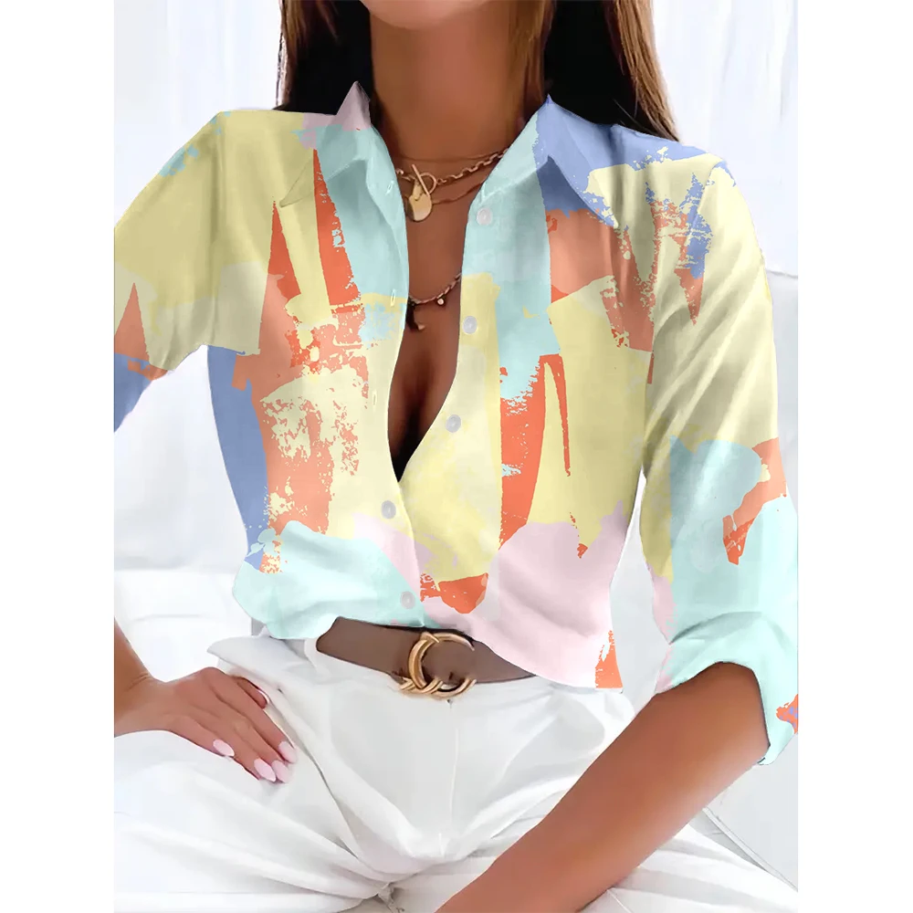 

Oversized Long Sleeve Shirts For Women Casual 3d Block Printed Comfortable Button Lapel Tops Basic Shirts Office Female Clothing