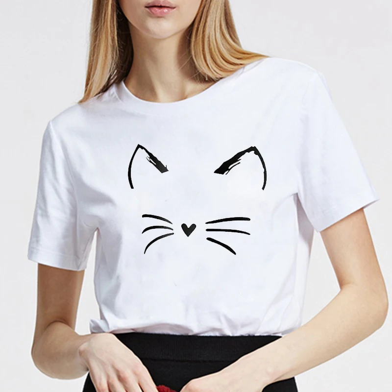 Cartoon Cat Face Print Women T Shirt Short Sleeve O Neck Casual summer Tshirts girl cotton Lady Tee Top Clothes Camisetas Mujer