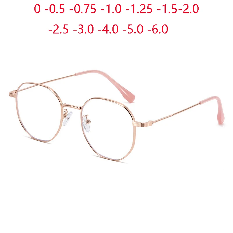 Metal Student Polygon Nearsighted Glasses For Women Men Rose Gold Frame Minus Sight Eyeglasses Prescription 0 -0.5 -0.75 To -6.0