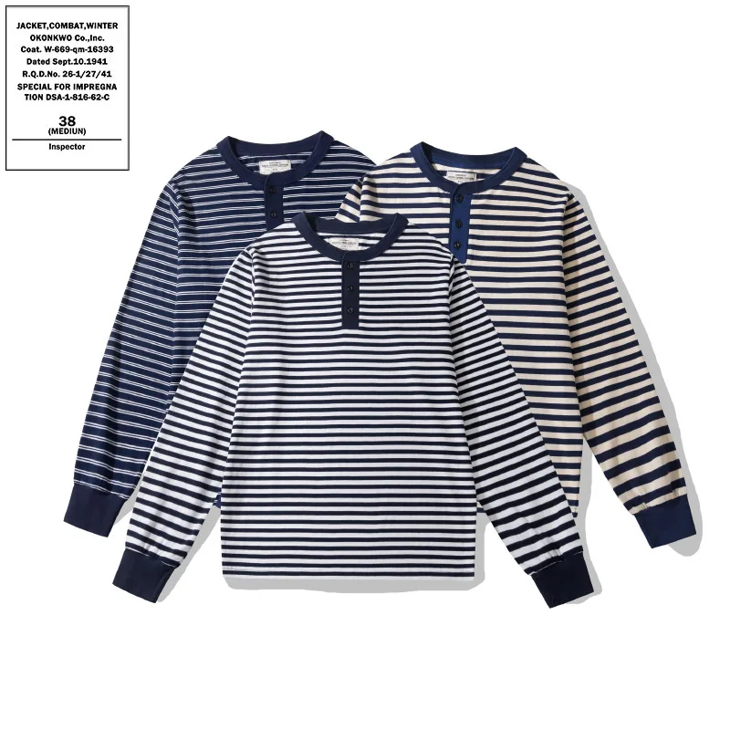 OKONKWO 300gsm Heavyweight Long Sleeve Striped Henry Collar T-shirt Deck Sea Soul Shirt Henry Shirt TEE for Men American Vintage