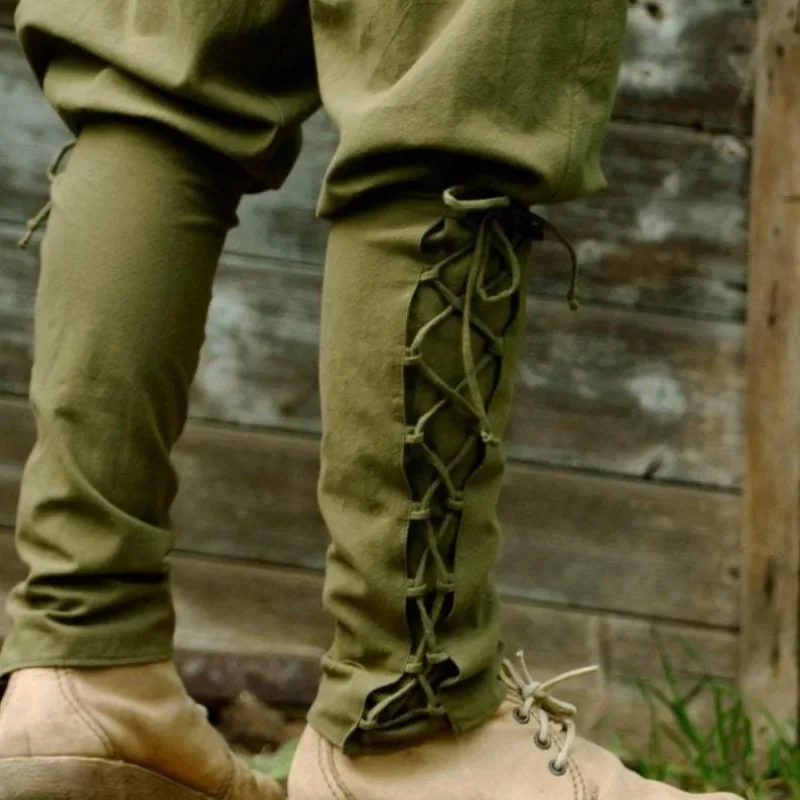 Medieval/Viking Style Washed Cotton Trousers with Side Pockets Elastic Waistband and Lace-up Calf