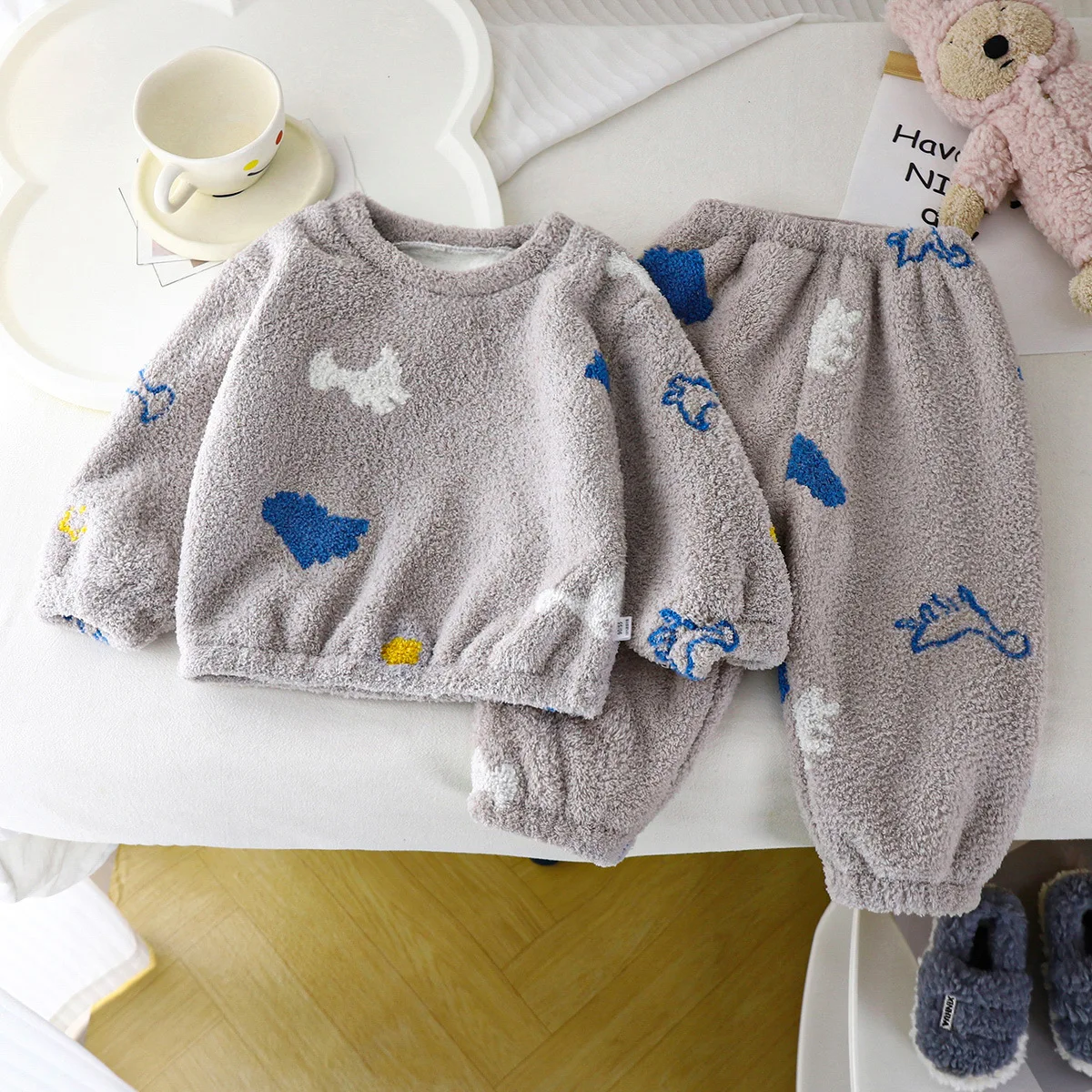 New Winter Childrens Girls 2PCS Homewears Set Plush Thickened Printed Velvet Warm Kids Girls Pajamas Little Baby Girls Sleepsuit