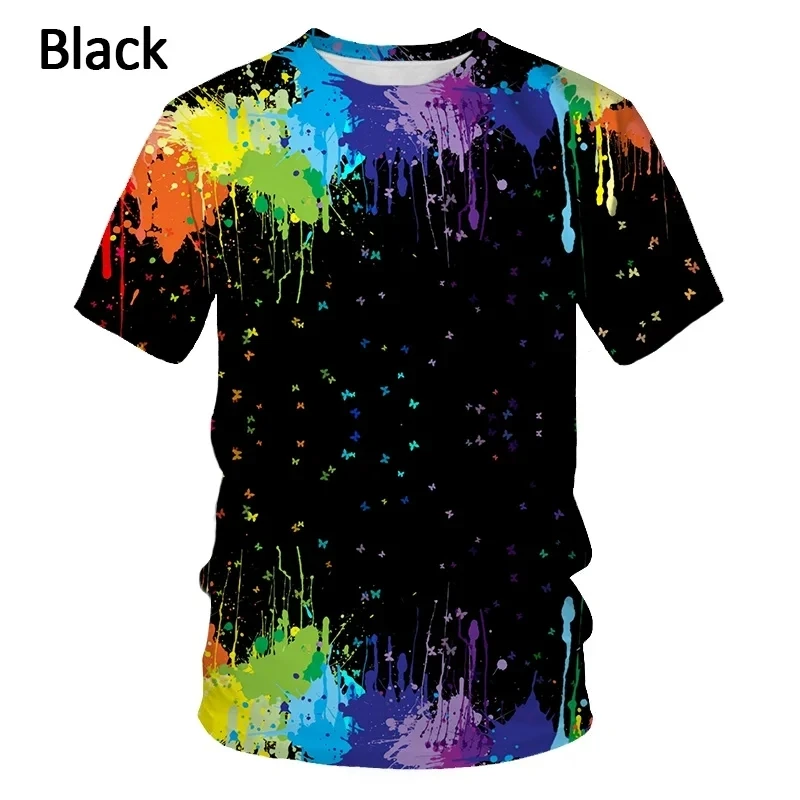 Colorful ink splashing and 3D printing T-shirt suitable for men's round neck large size fashionable casual short sleeved T-shirt