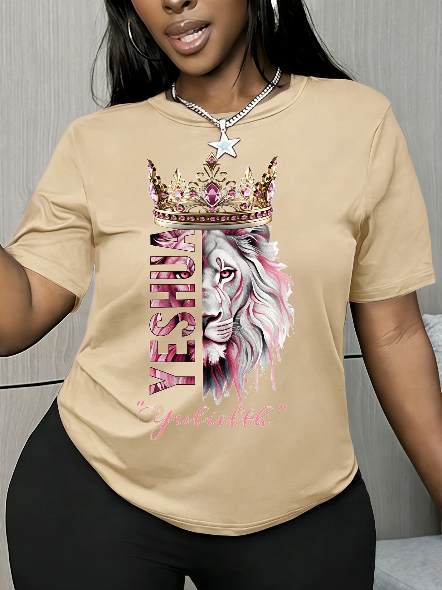 YESHUA Pink Diamond Crown Lion King Faith Printed Round Neck T-shirt Summer Women's Essential Casual Slimming Top Small Gift