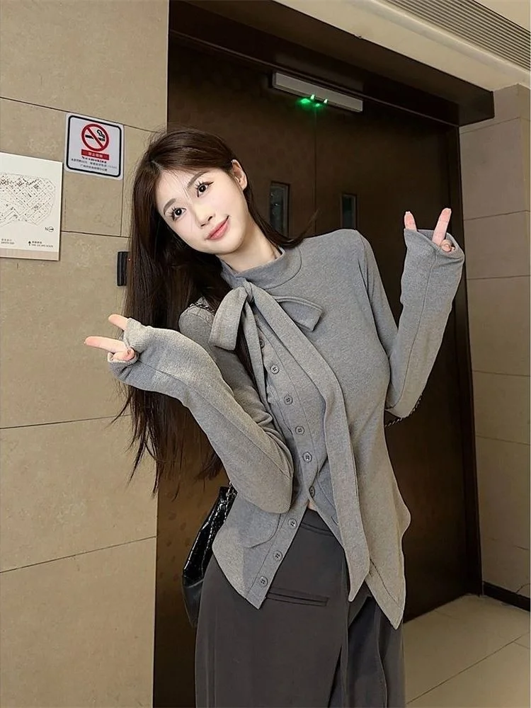 Faionable Long Sve T-irt f High Collar Bow Tie Base irt Versatile Waist Cinching Split Bot Ladies Wear