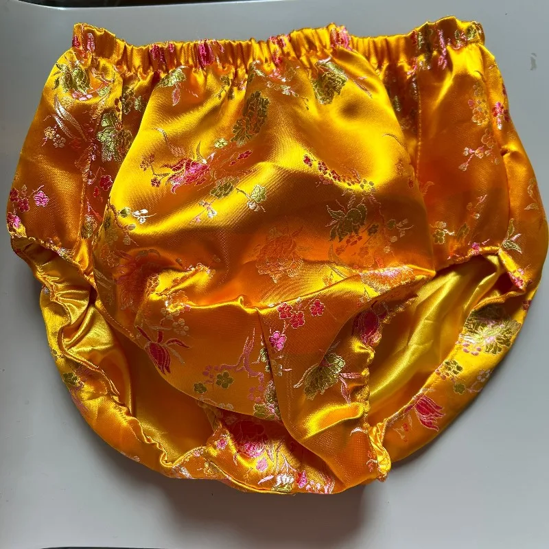 Plus Size Men Flower Satin Triangle Briefs Women Soft Loose Silk Touch Lingerie Panties Glossy Double layer Underpants Underwear