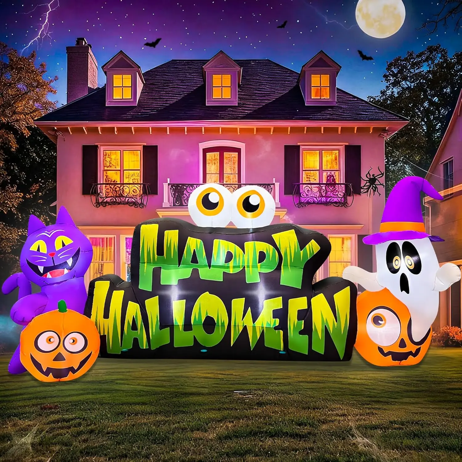 10FT Halloween Inflatable Ghost Pumpkin Eyeballs Cat Banner | Build-in Lights Holiday Blow Up Yard Decoration for Halloween Part
