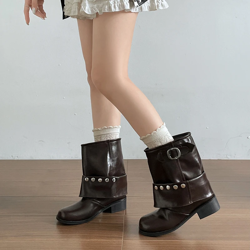 Female Riveted Mid-barrel Boots with Thick Heel and Buckle Design, Showing A Thin Western Leather Shoe