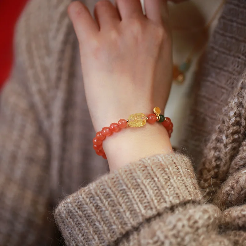 

Natural Liangshan Southern Amber Pixiu For Women Cherry Red Round Beads With Jasper And Oil Drop Lucky Pendant Bracelet