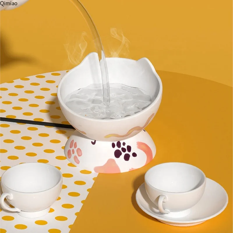 Manufacture Direct Sale OEM Ceramic Pink White Dog Bowl Custom Pet Food Water Feeder Bowl With Support For Dogs Cats