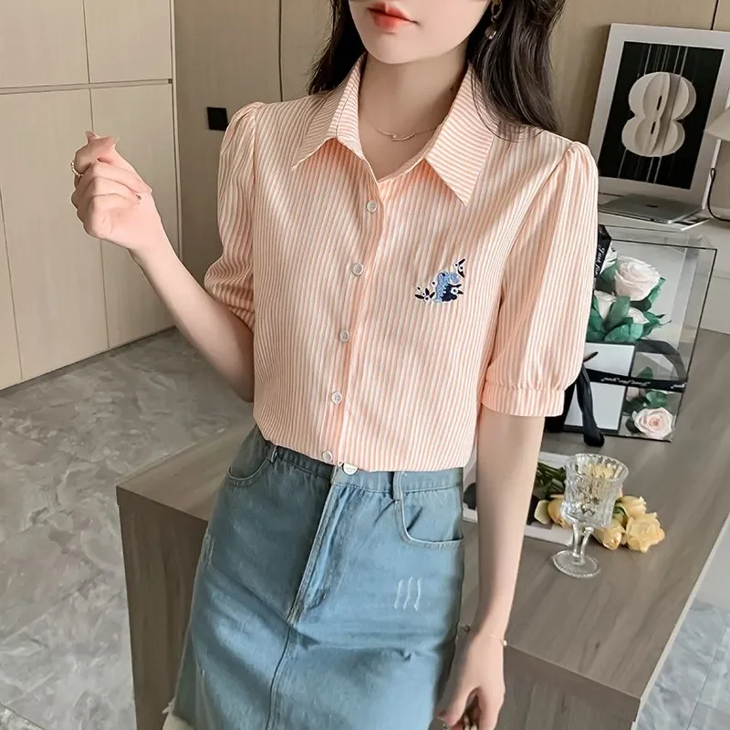 

Women's Striped Short Sleeve Shirt with Embroidery Retro Casual Loose Summer Blouse