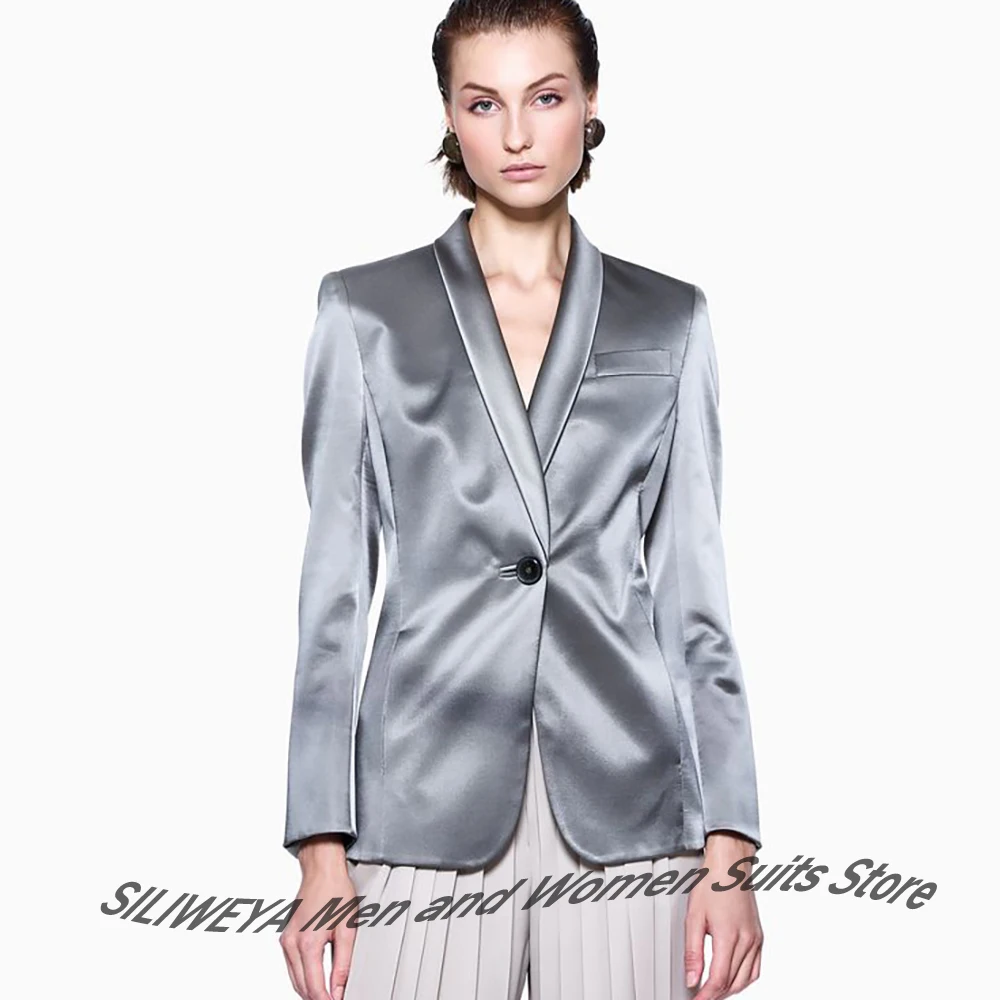 Luxury Silver Satin Single-Button Women's Jacket Elegant Shawl Lapel One Piece Shiny Evening Blazer for Formal Parties