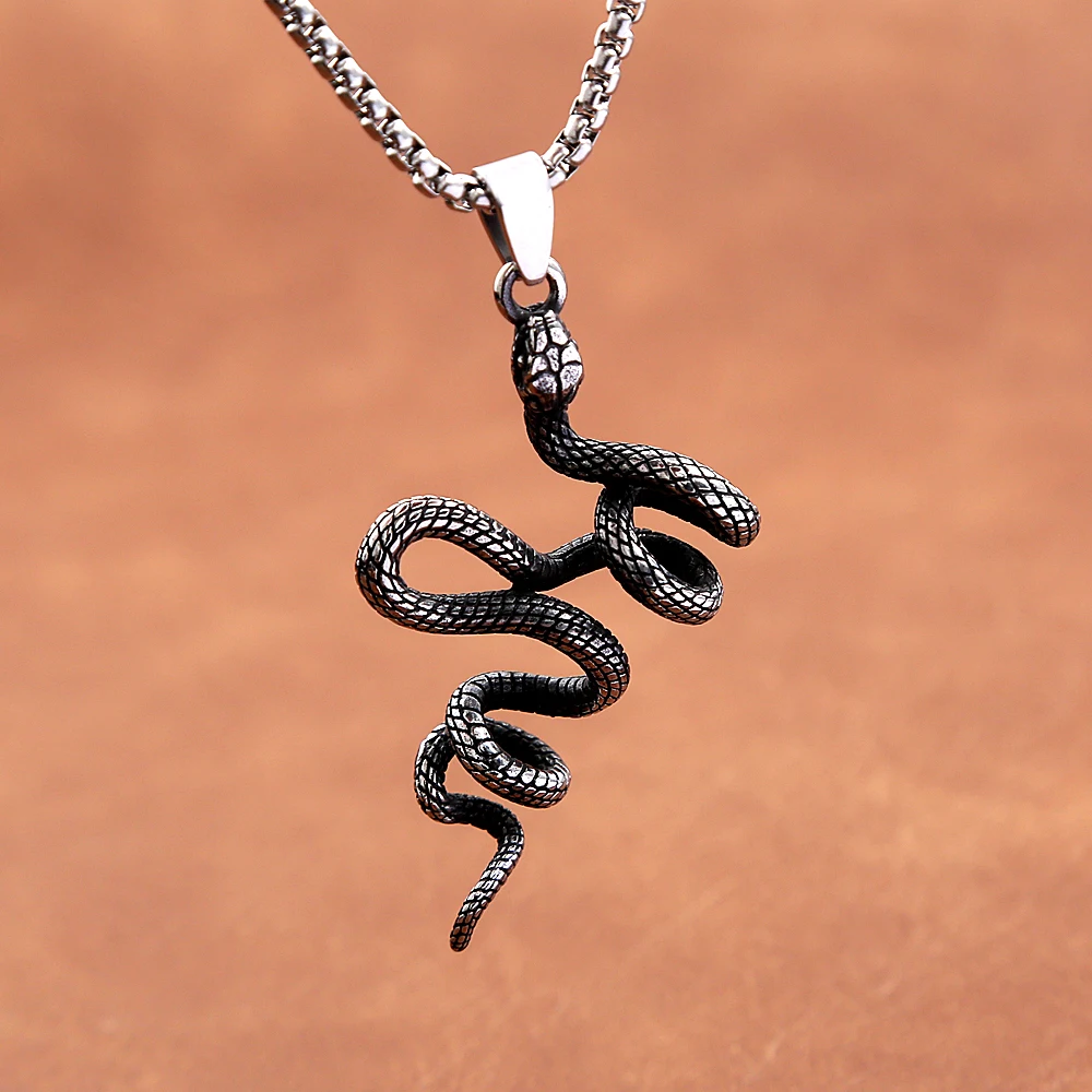 Vintage Gothic Snake Pendant Necklace Stainless Steel Snake Pendant for Men Women Fashion Amulet Magic Pagan Jewelry Gift