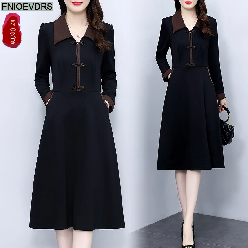 Retro vintage botão camisa vestidos outono inverno básico mulher manga longa elegante senhora do escritório bolsos sólidos vestido preto