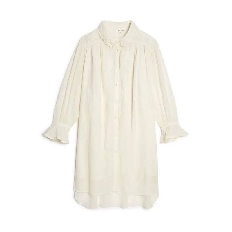 Susan Cotone organico lungo Sve Bianco ricamato in pizzo con cintura Dr V-ne Vita alta A-line ort Dr Commute Colore puro