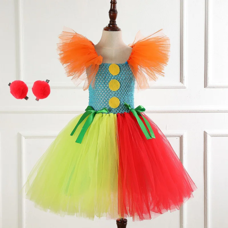 New2025Party Clown Performance Children's Costume Set Mesh Princess DressTUTUGirls' Dress