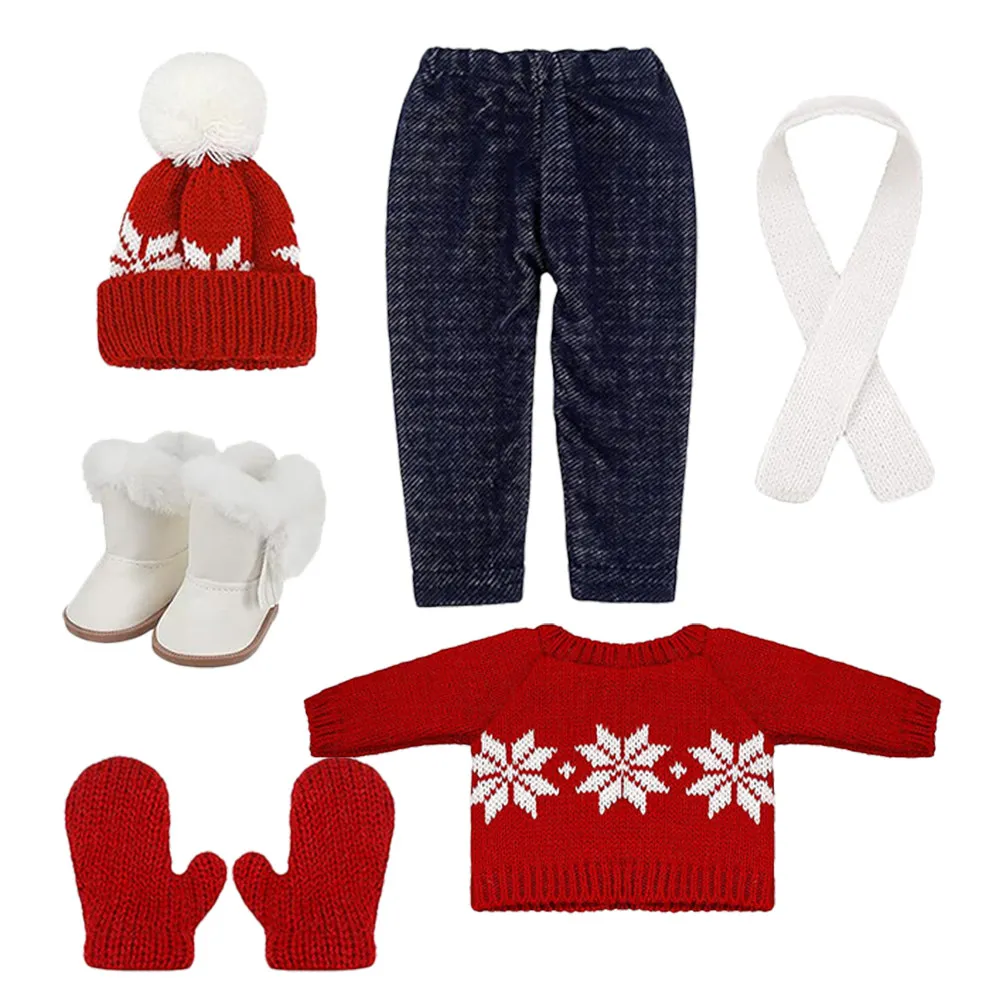 

1Set Mini Christmas Outfit Soft Cotton 18In Sweater Pants Hat Gloves Scarf Shoes Seasonal Dress Up Clothes for Kids DIY
