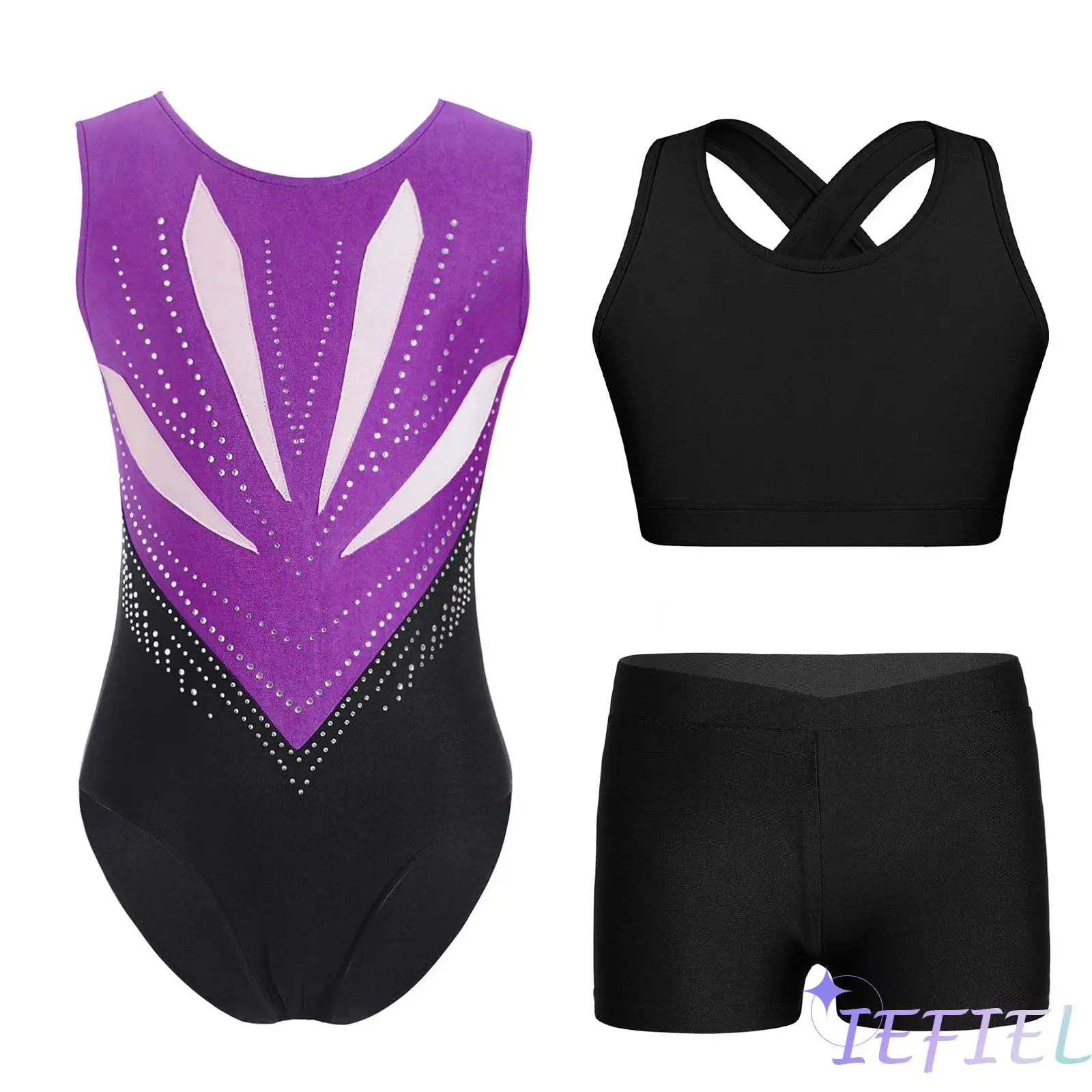 Girls Gymnastics Dance Outfit Sleeveless Sparkly Rhinestones Leotard with Cross Back Keyhole Vest And V-front Waistband Shorts