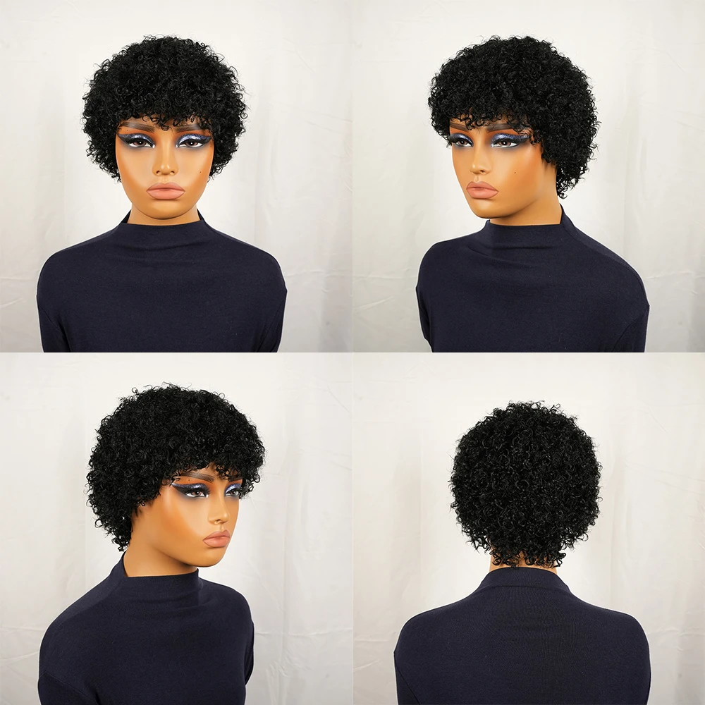 باروكات شعر بشري قصير، شعر مستعار بقص عابث مع غرة، شعر ريمي برازيلي مصنوع آليًا للنساء، جاهز للارتداء المجعد العميق #5