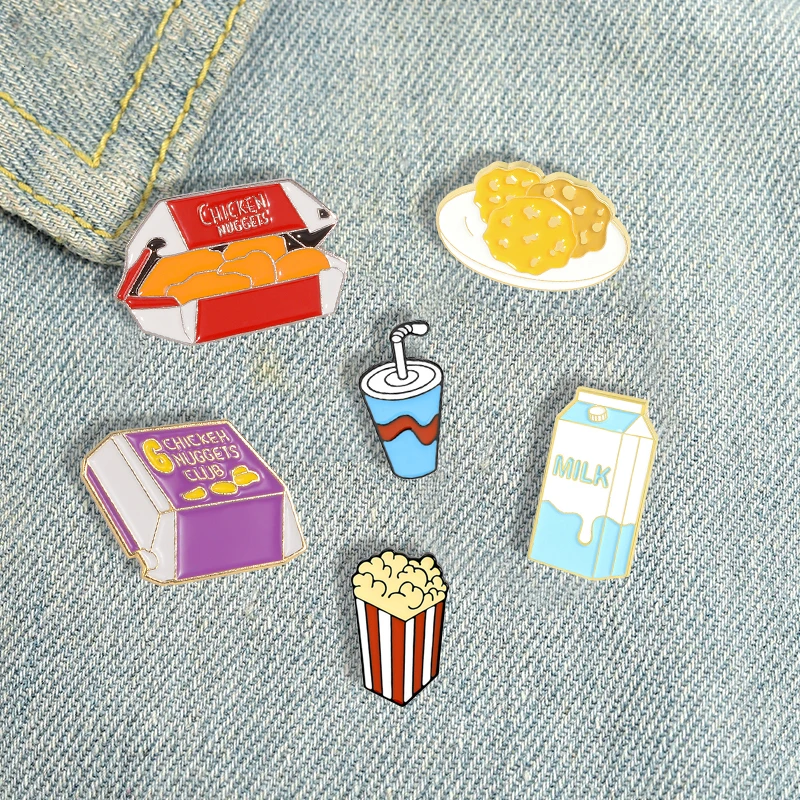 Pins benutzer definierte niedliche Hühnern uggets Cola Kekse Milch Brosche Revers Abzeichen Tasche Cartoon Schmuck Geschenk für Kind Freund Fast Food Emaille