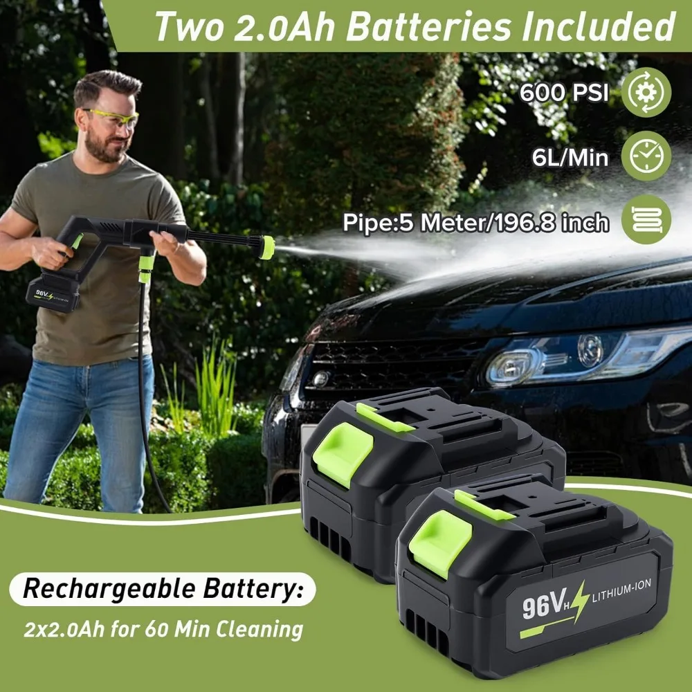 Bezprzewodowa myjka ciśnieniowa, 1200 PSI, zasilana akumulatorowo, z dyszą pianową, dysza 6-w-1, przenośna myjka ciśnieniowa do samochodu, patio, domu i ogrodu.