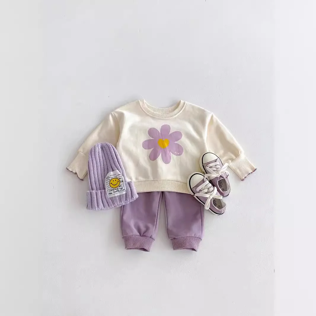 2024 Spring Autumn Baby Girls 2PCS Clothes Set Flower Printed Sweatshirts Solid Cotton Sweatpants Suit Toddler Girls Outfits