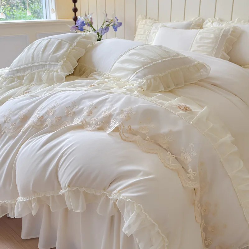 High End Lace Princess Style Bedding Sets Solid Skin-Friendly Comfortable Bedsheet Set Twin Queen Bed Bedclothes for All Seasons
