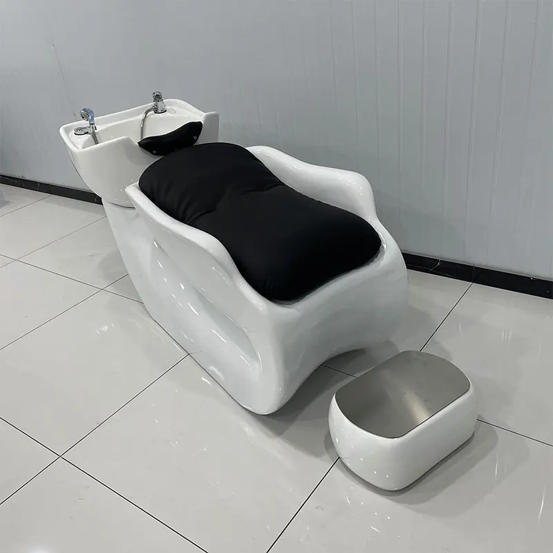 High-end barber shop shampoo bed special semi-lying ceramic deep basin washbed silicone pillow shampoo bed for