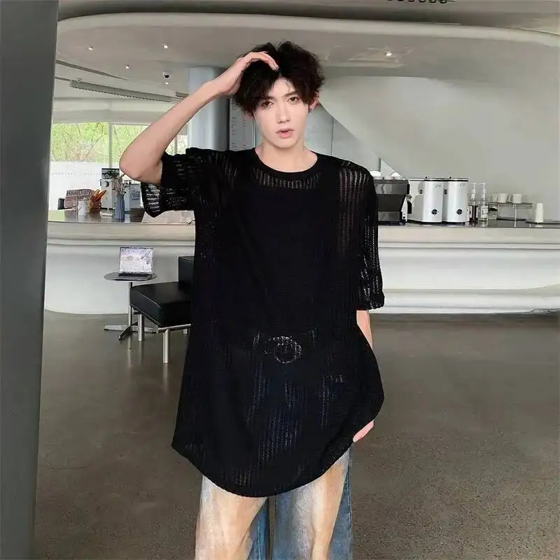 Summer Men's Pullover Tops Elegant Hollow Knit Pullover Short Sleeve T-shirt Loose Casual Long Tee RX7G