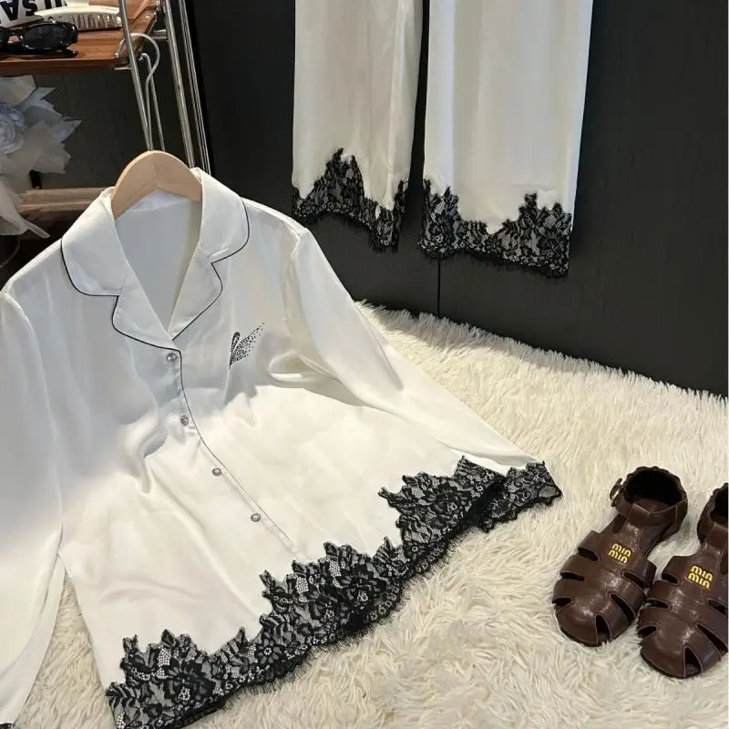 الفاخرة كبيرة الدانتيل تقليم منامة مجموعة النساء ملابس خاصة أنيقة الساتان السراويل العليا حجر الراين سوان طباعة ملابس المنزل المتسكعون 2 قطعة #3