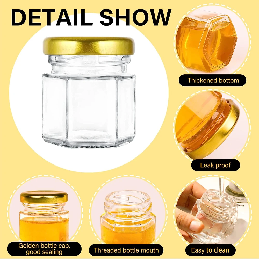 1.5 Oz Hexagon Mini Glass Honey Jars With Wood Dipper, Bee Pendants And Jutes, For Baby Shower, Wedding Favors, Party Favors