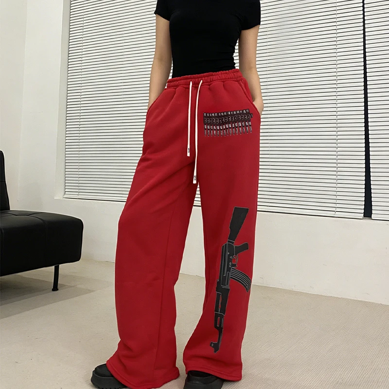 

Осенние и зимние свободные брюки с широкими штанинами, модные женские брюки в европейском и американском стиле с принтом, уличный стиль, персонализированные брюки.
