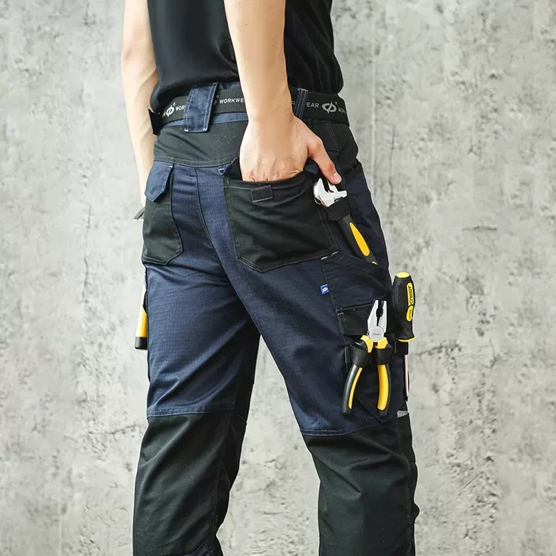 Tear Resistance Cargo Work Pants Man Mechanic with Mulit Functional Pockets Elastic Waist Pants Men Workshop Trousers Equipment